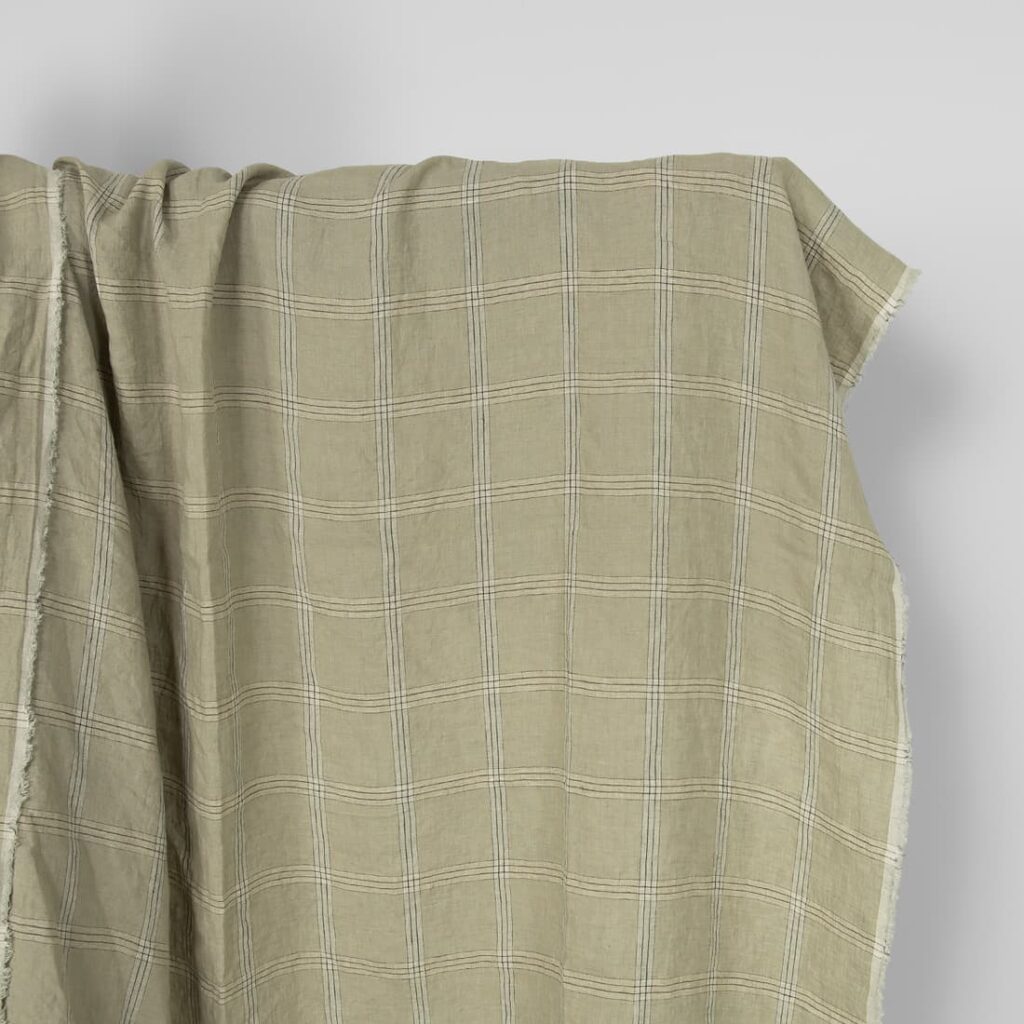 Washed linen fabric green-beige checks