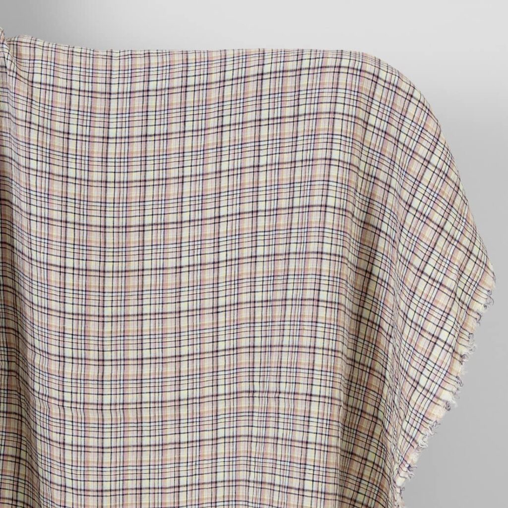 Washed linen fabric pastel multicolour and dark blue checks