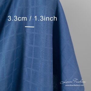 Blue jacquard linen cotton blend fabric woven in diagonal lines