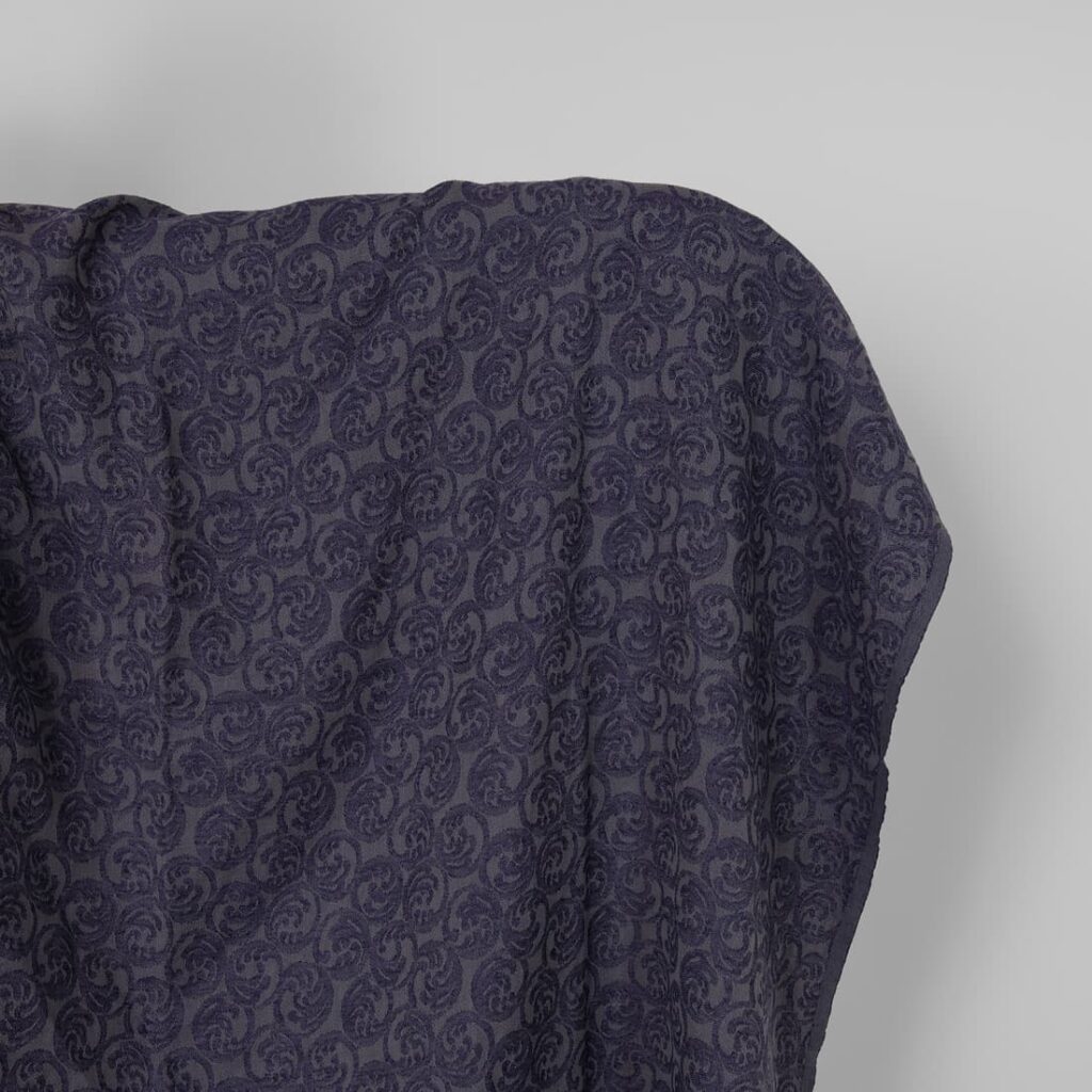 Washed linen cotton fabric grey and cobalt blue jacquard