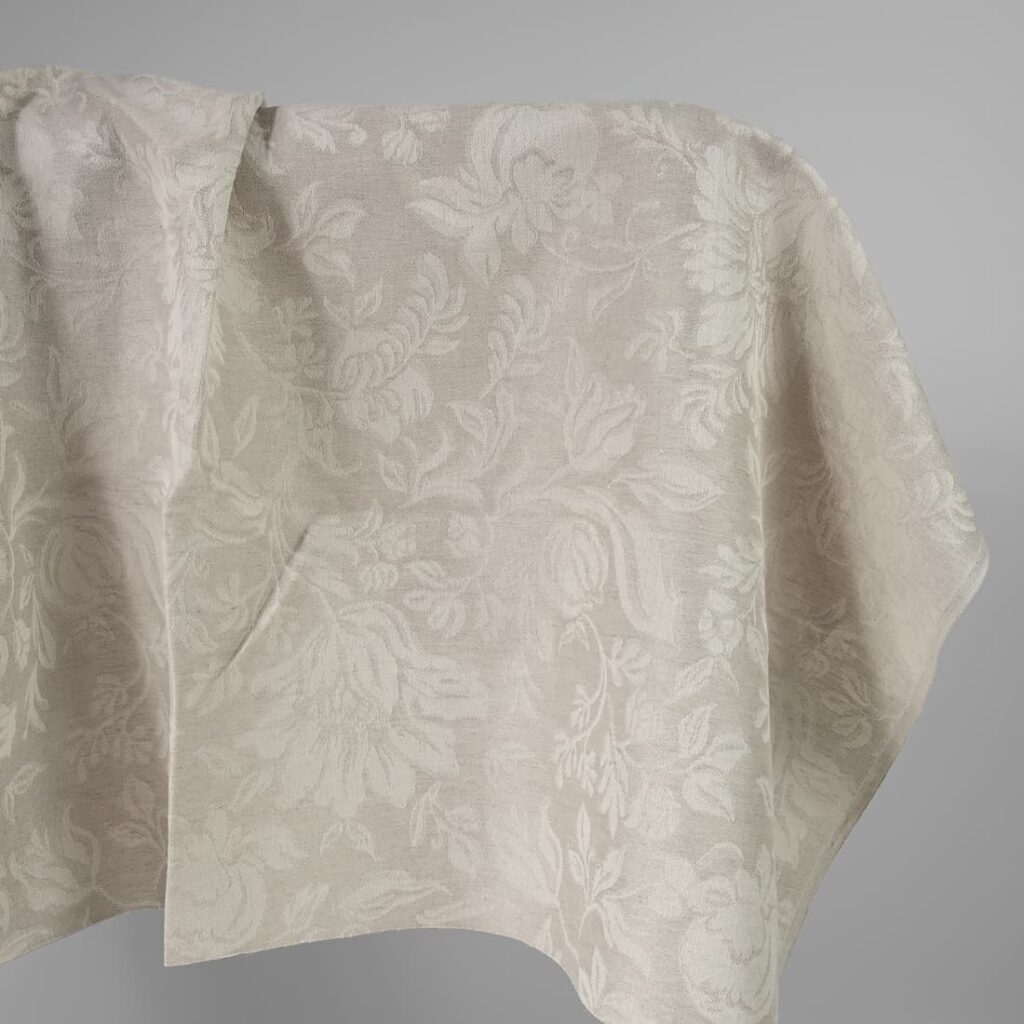 Linen cotton jacquard fabric beige with flowers