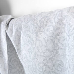 Lin-bomullsstoff hvit og grå jacquard sølv lurex