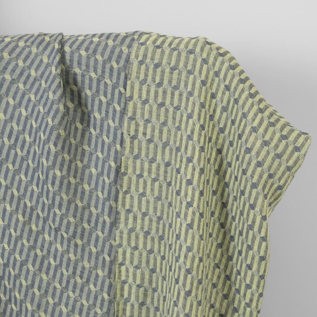 Washed linen fabric grey yellow geometric pattern