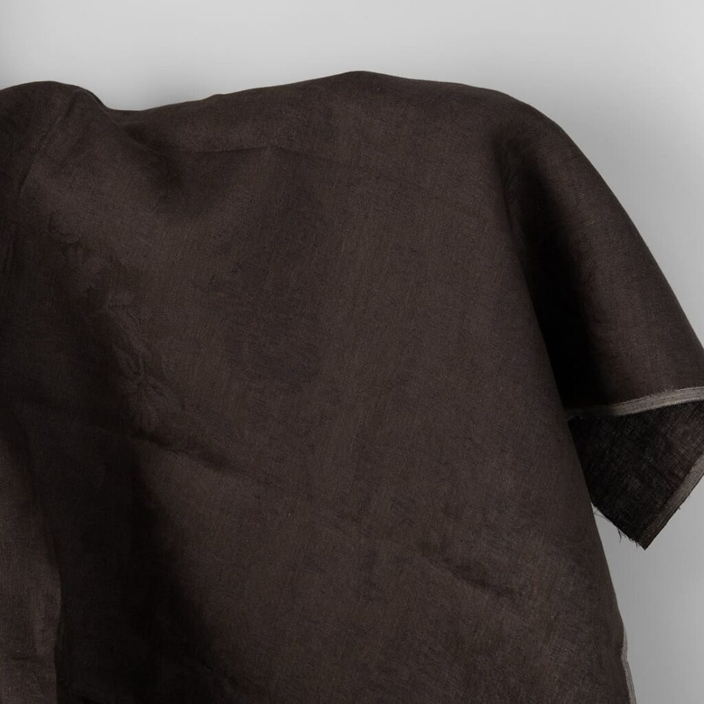 Dark brown jacquard linen fabric with flowers