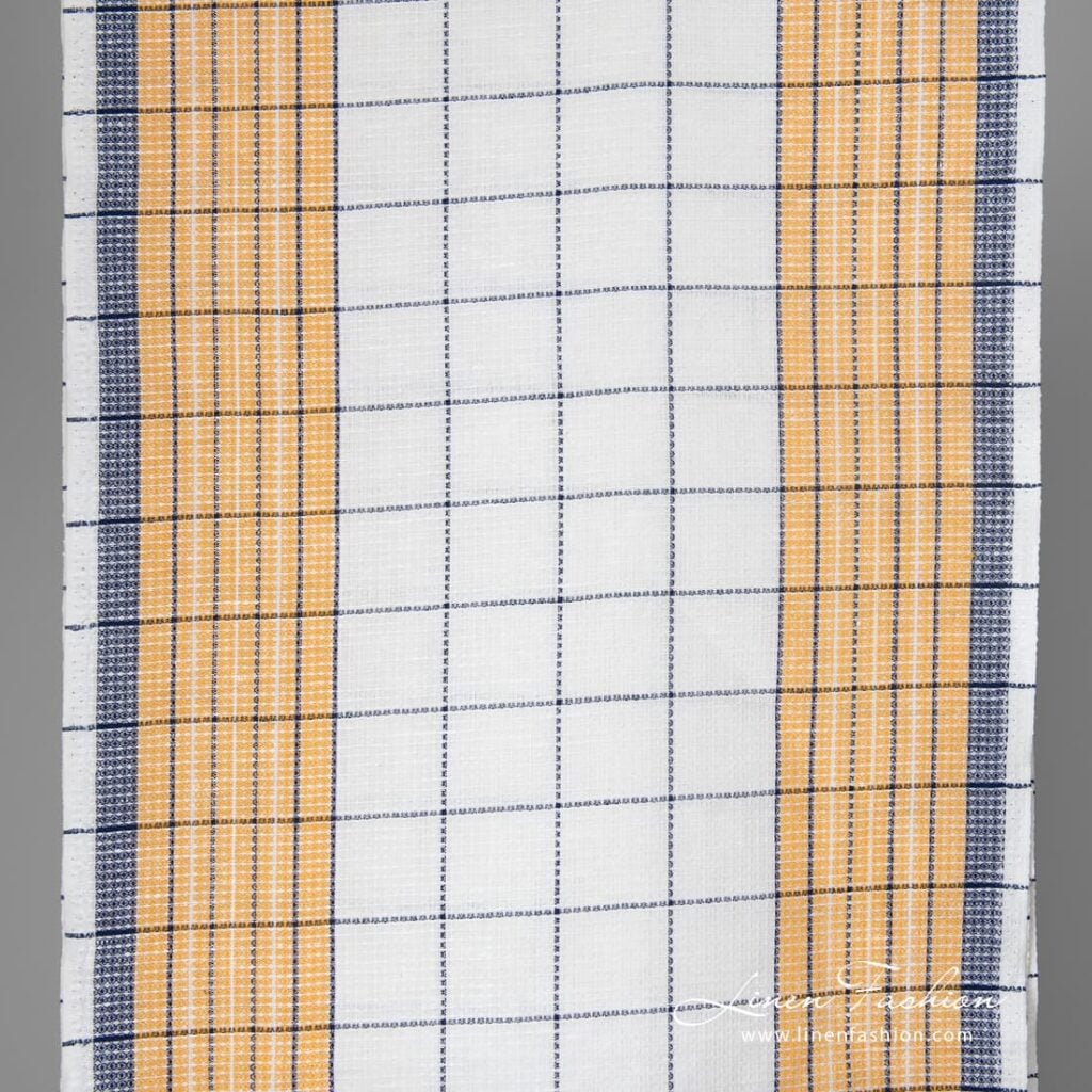 White, orange and blue checked linen / cotton fabric