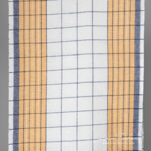 White, orange and blue checked linen / cotton fabric