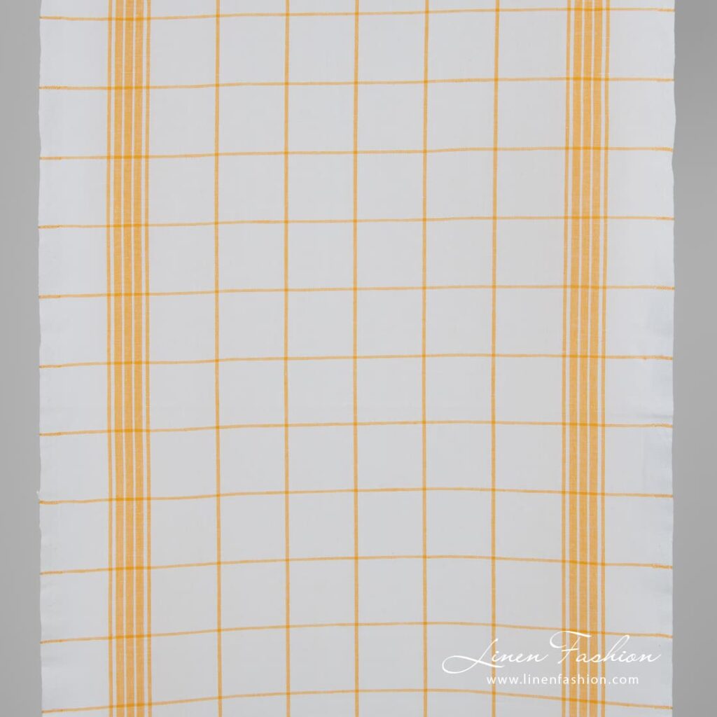 White linen cotton fabric in yellow checks