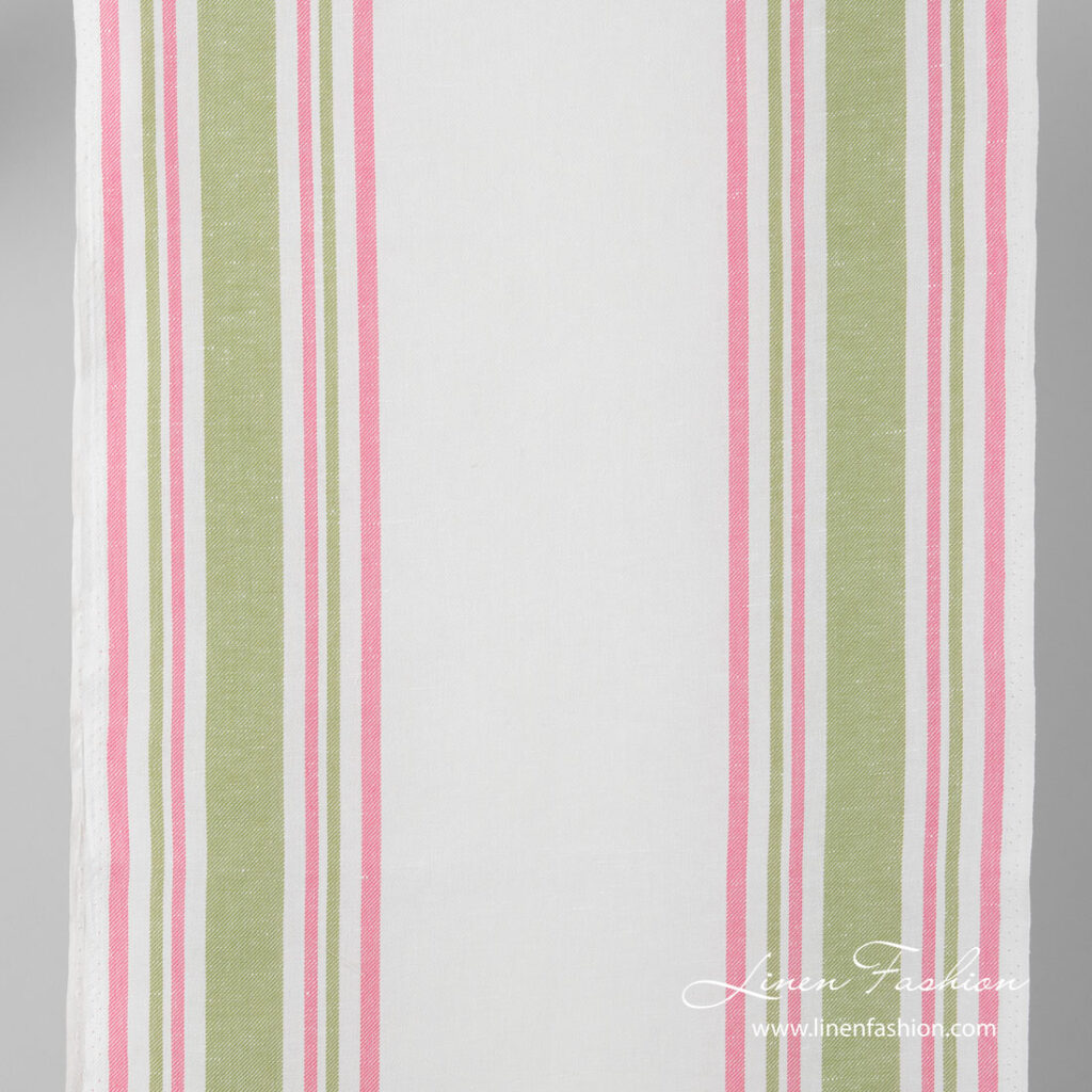 Narrow width linen blend fabric with pink, green stripes