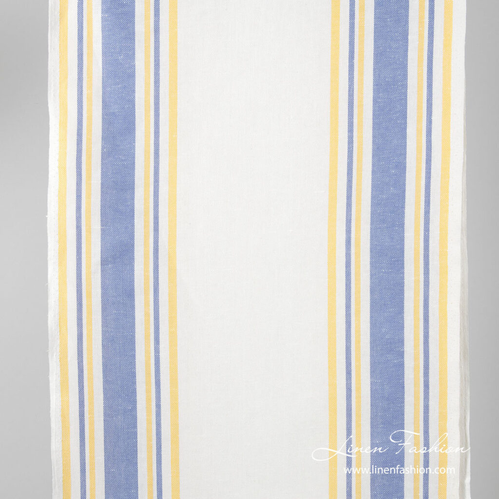 Narrow linen fabric, white with blue and yellow stripes
