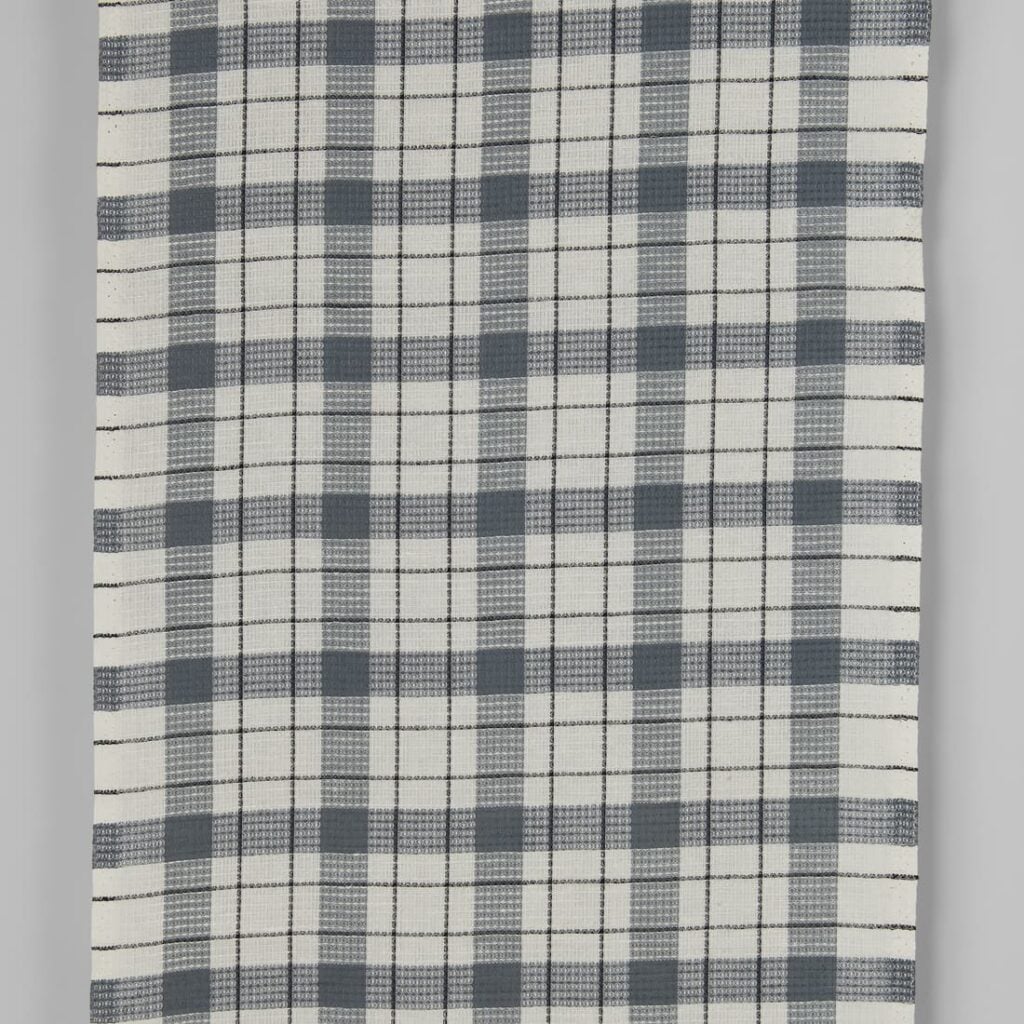 Narrow linen cotton fabric off-white with grey checks waffle