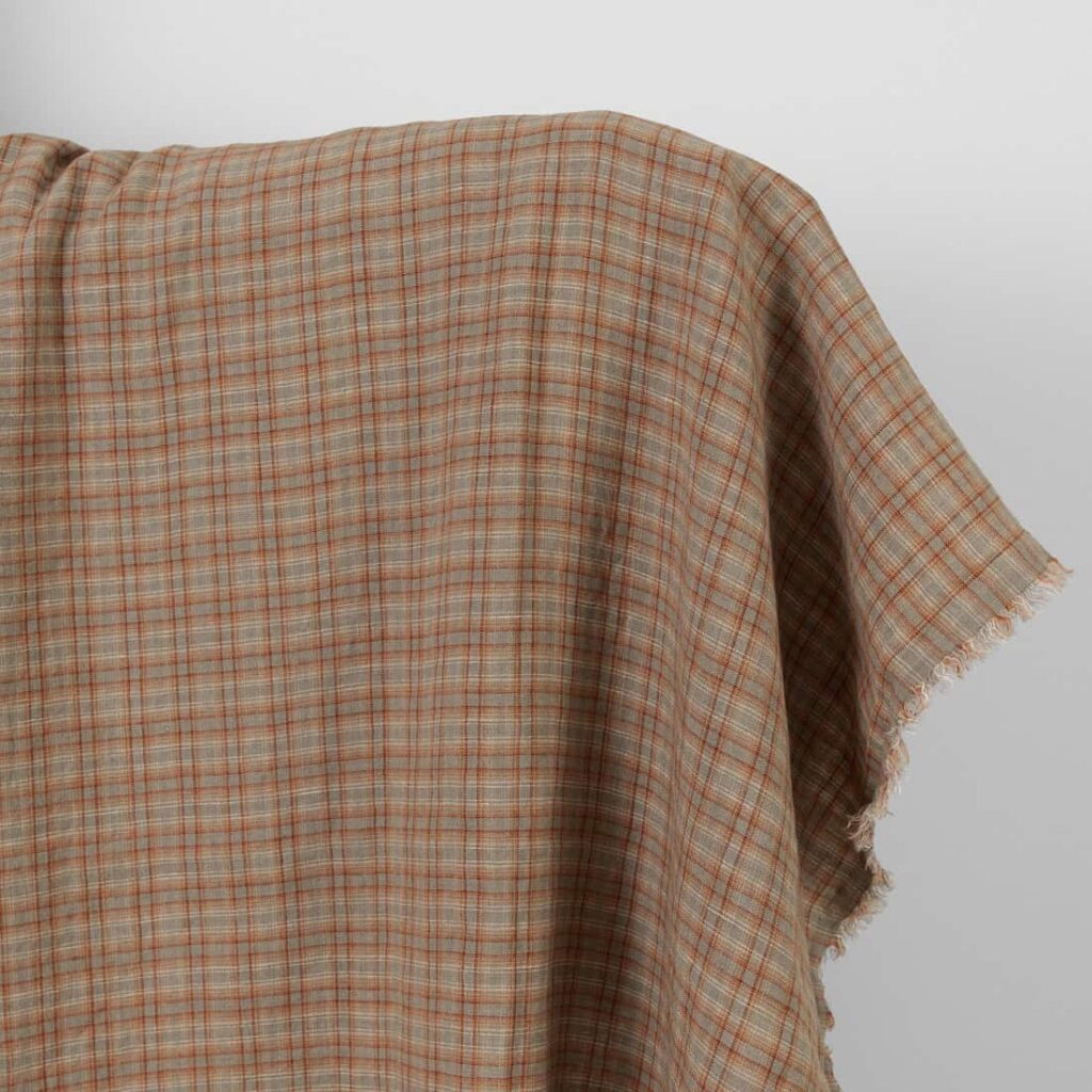 Washed linen fabric orange brown checks
