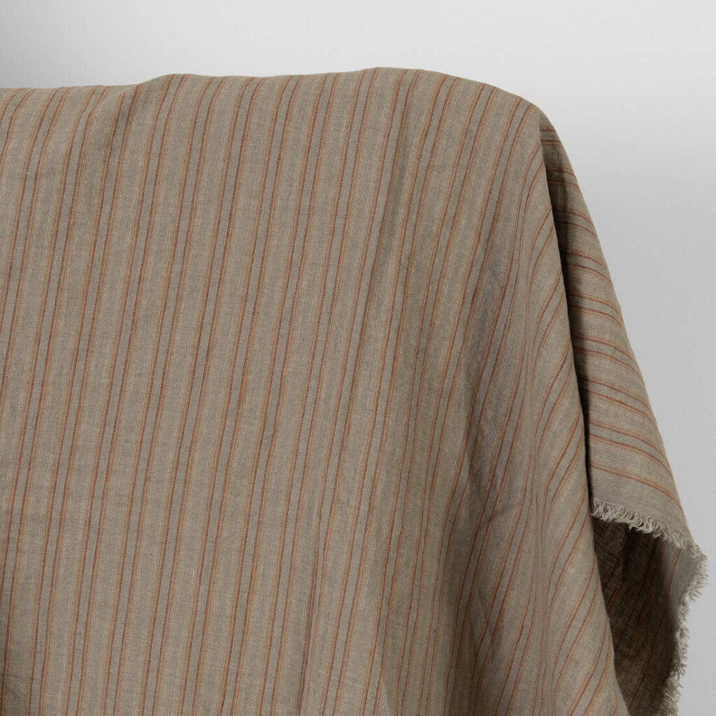 Linen fabric orange brown stripes washed