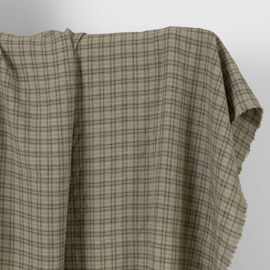Washed linen fabric brown-green checks