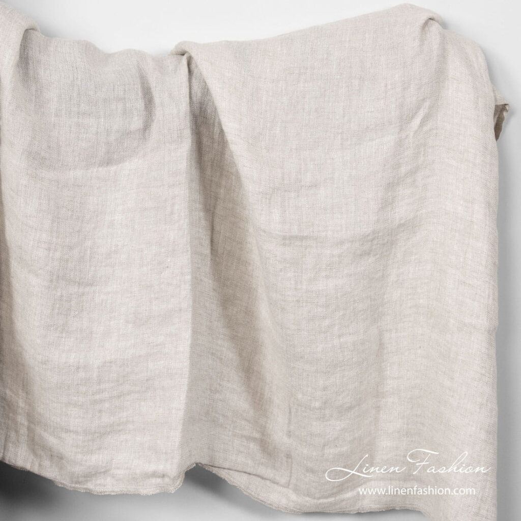 Washed linen fabric light grey tiny herringbone