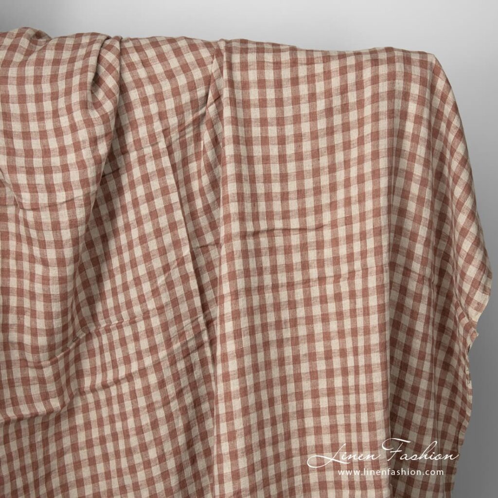 Washed linen fabric brown and natural checks