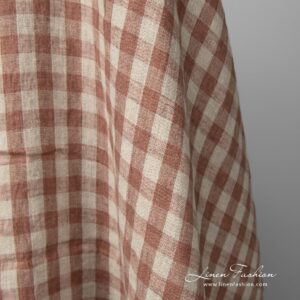 Washed linen fabric brown and natural checks pure linen