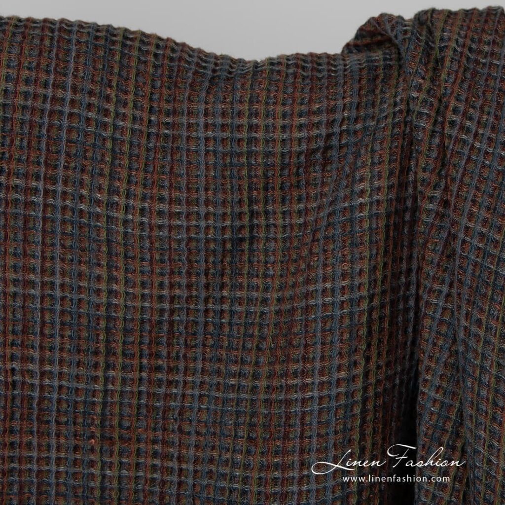 Lin-bomull flerfarget vaffelstoff vasket 2 Multi coloured linen cotton fabric.