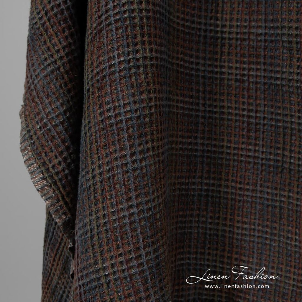 Lin-bomull flerfarget vaffelstoff vasket 3 Washed linen cotton multi coloured fabric.
