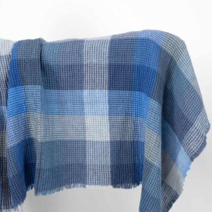 Lin bomull vaffelvevd blårutete stoff vasket 4 half linen waffle blue fabric