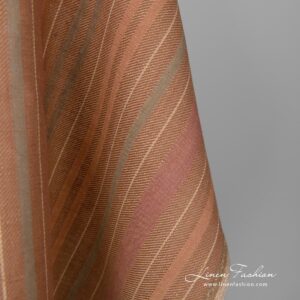 Linen cotton fabric with vertical light and dark brown, dark red, grey stripes in various different widths