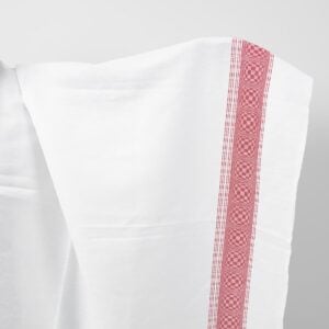 White checked linen cotton fabric with red stripes
