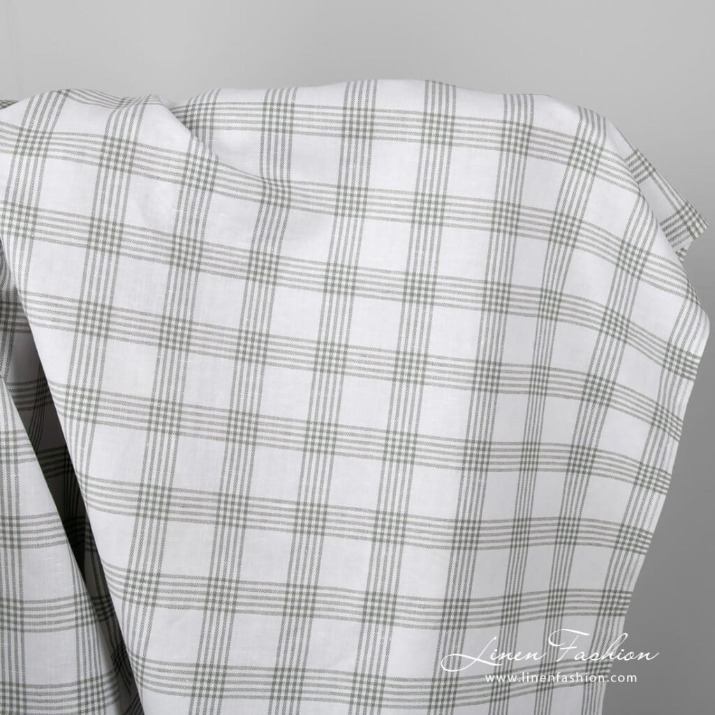 White linen cotton fabric with grey checks