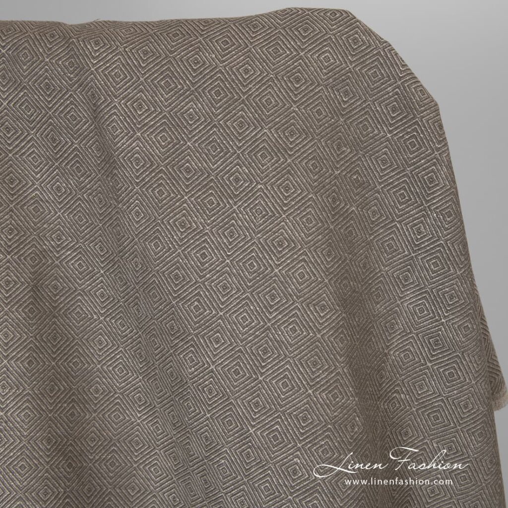 Brunt diamantmønstret lin-bomullsstoff 2 Linen cotton fabric in brown.