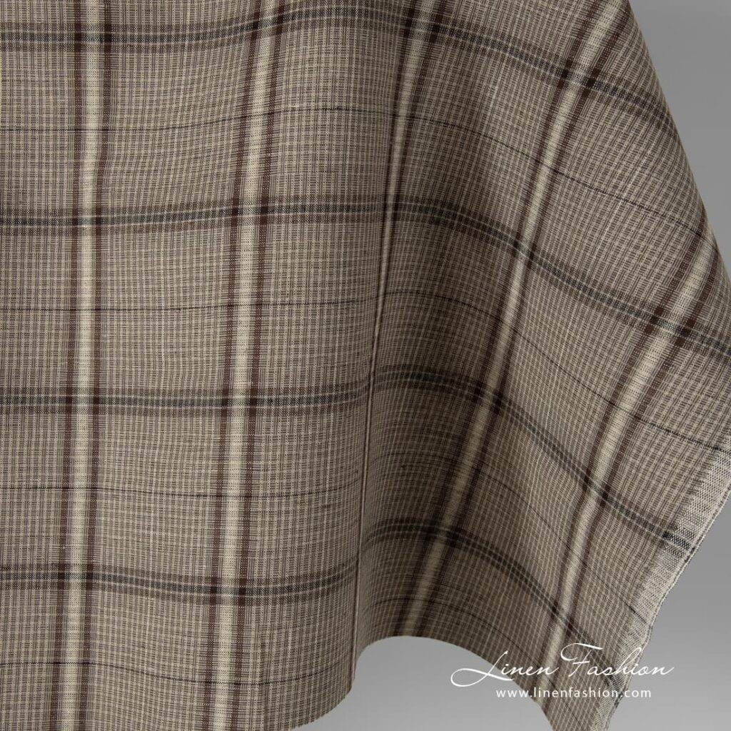 Lin-bomullsstoff med store brune ruter 2 Checked linen cotton fabric.