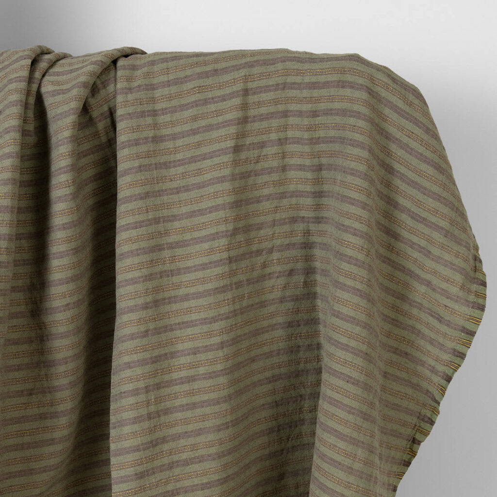 Washed linen cotton fabric brown green patterned stripes