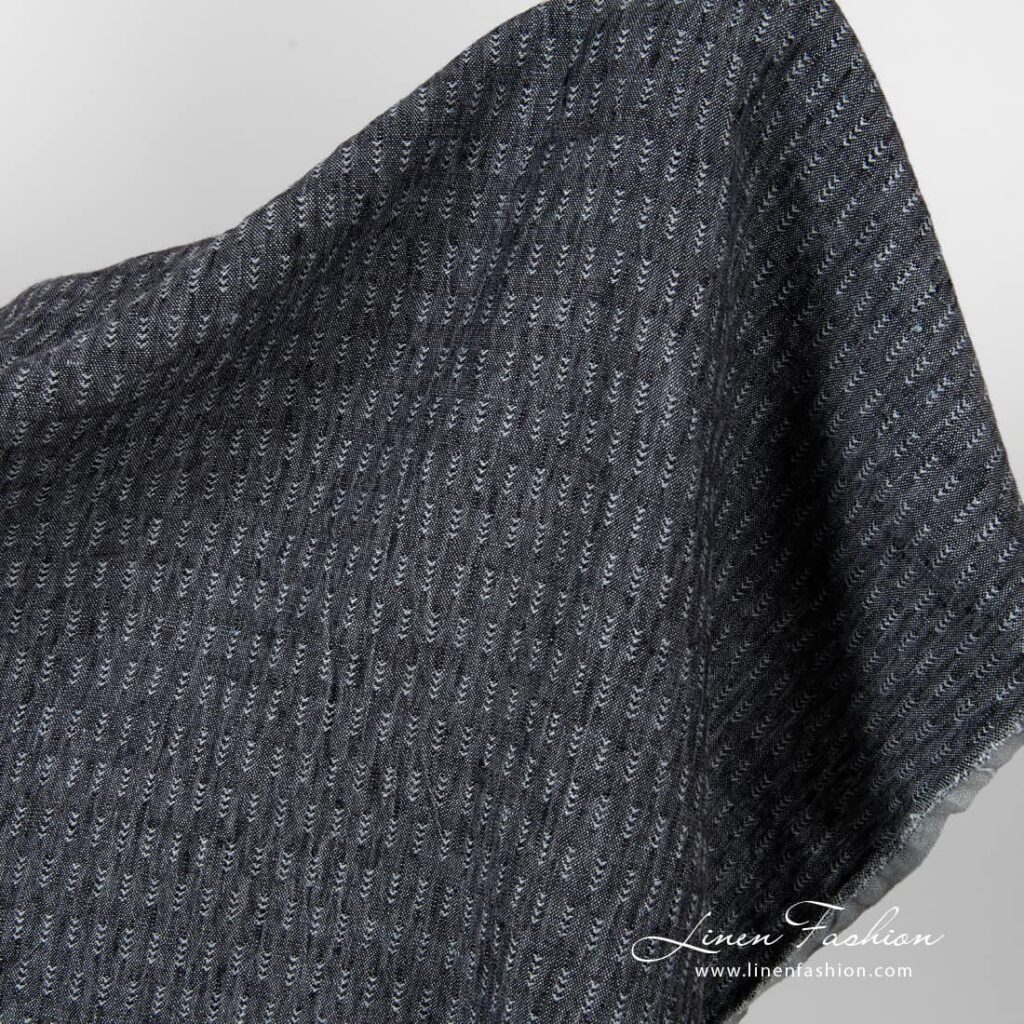Washed black grey patterned linen fabric