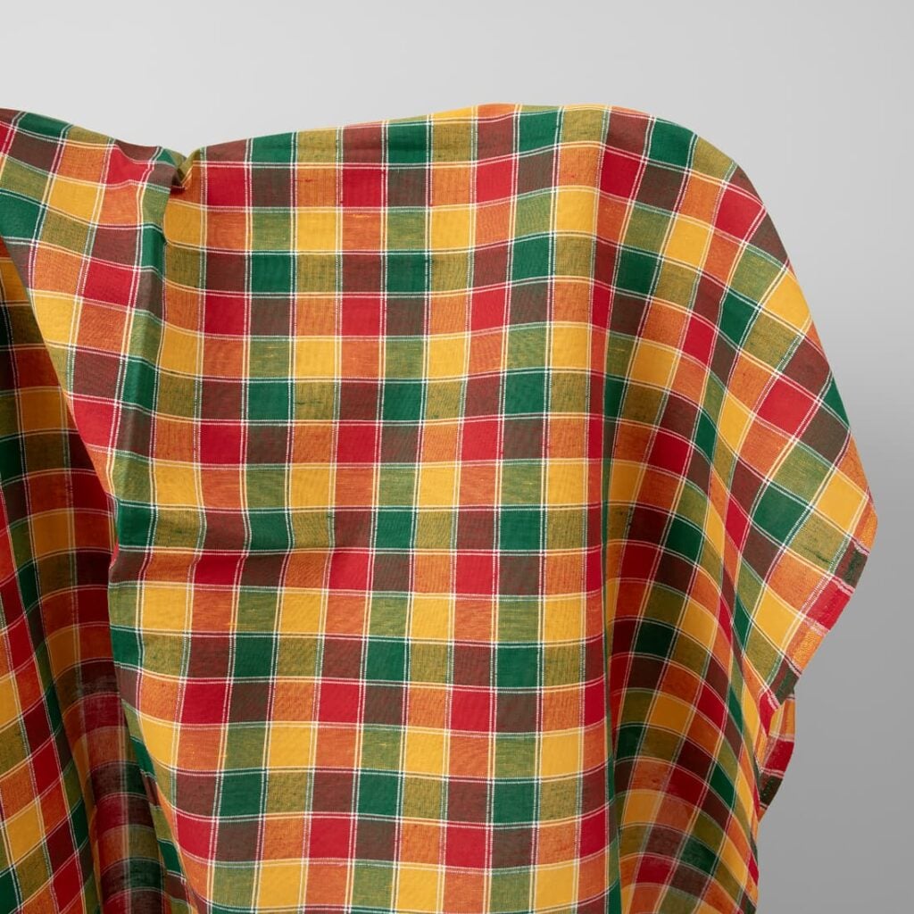 Yellow, green and red checked linen cotton fabric