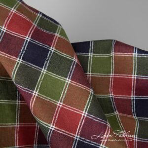 Linen / cotton fabric woven using dark blue, deep green and garnet red yarns