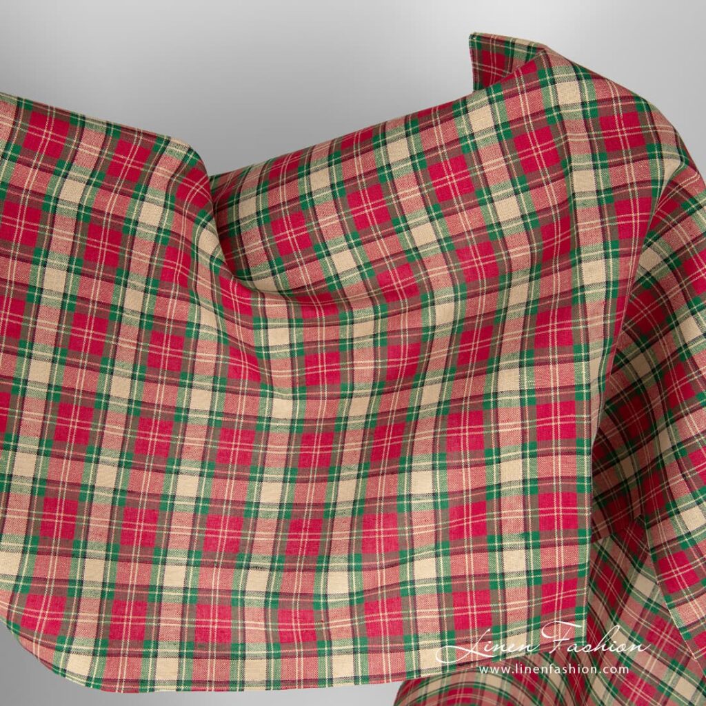 Linen cotton fabric with beige and red checks