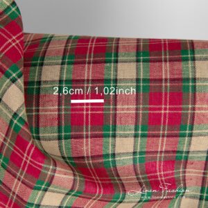 Linen - cotton fabric with beige (yellowish brown), red, green checks and narrow black stripes