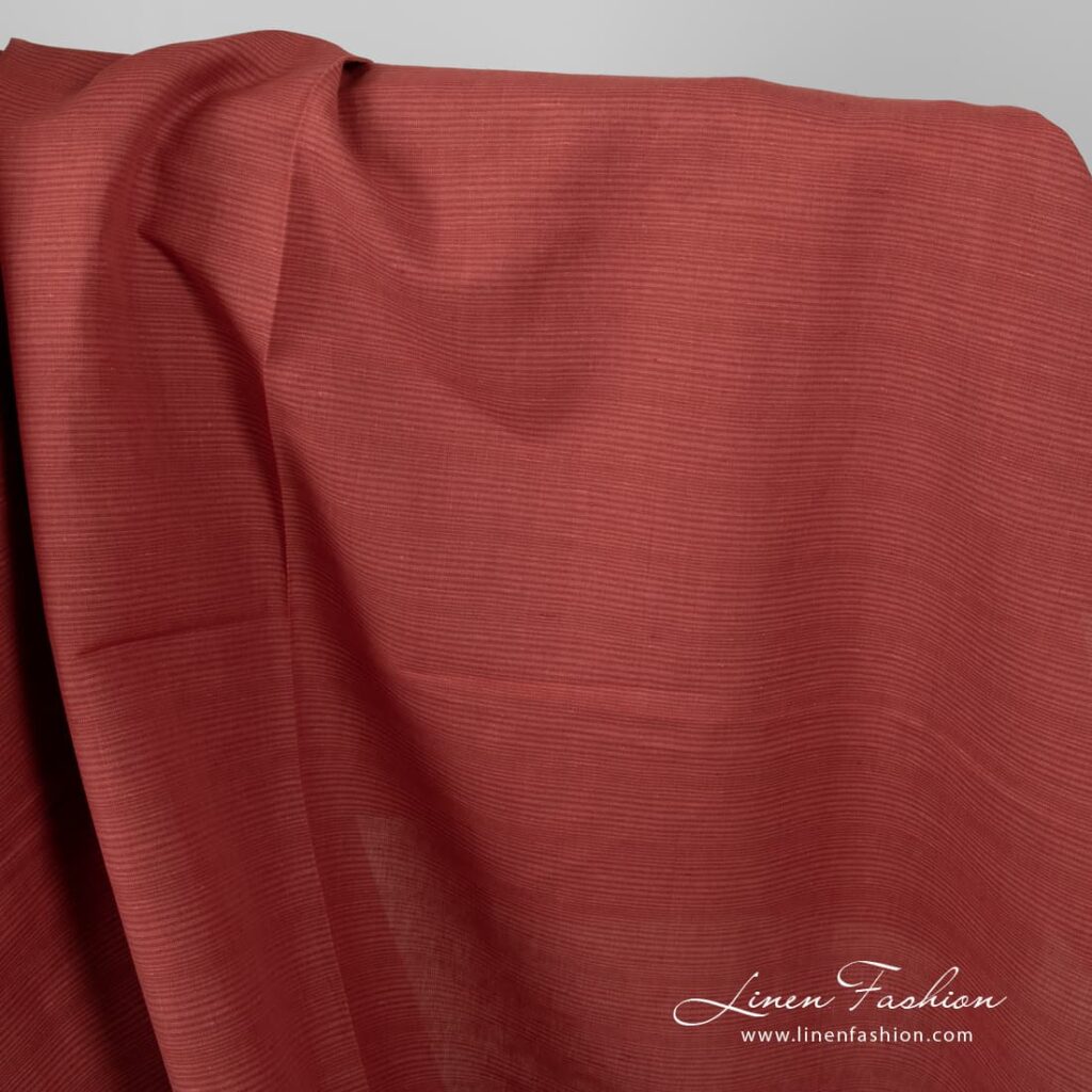 Striped red linen cotton fabric.