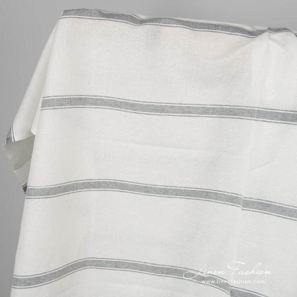 White linen cotton fabric with grey stripes.