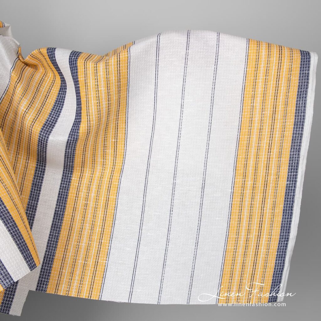 Linen cotton fabric white waffle with yellow blue stripes