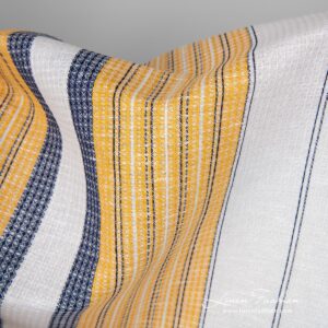 Linen cotton fabric white waffle with yellow blue stripes close up view