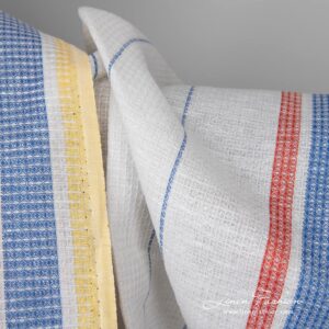 Linen cotton fabric white waffle with yellow red stripes edge