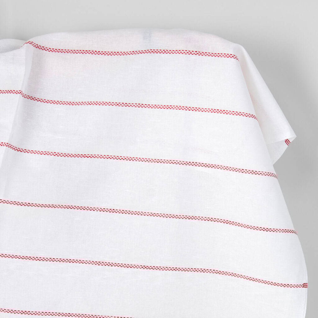 Linen cotton fabric white with red dashed stripes