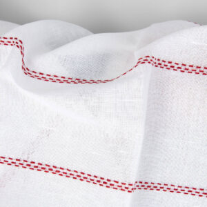 Linen cotton fabric white with red dashed stripes, natural fibre fabric
