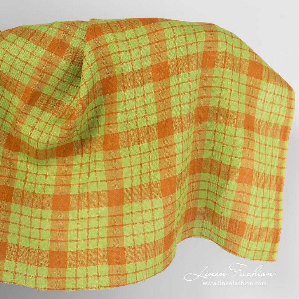Linen fabric in green and orange checks.
