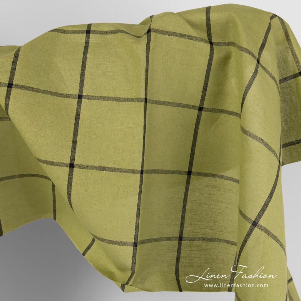 Light green linen cotton fabric with black grids.