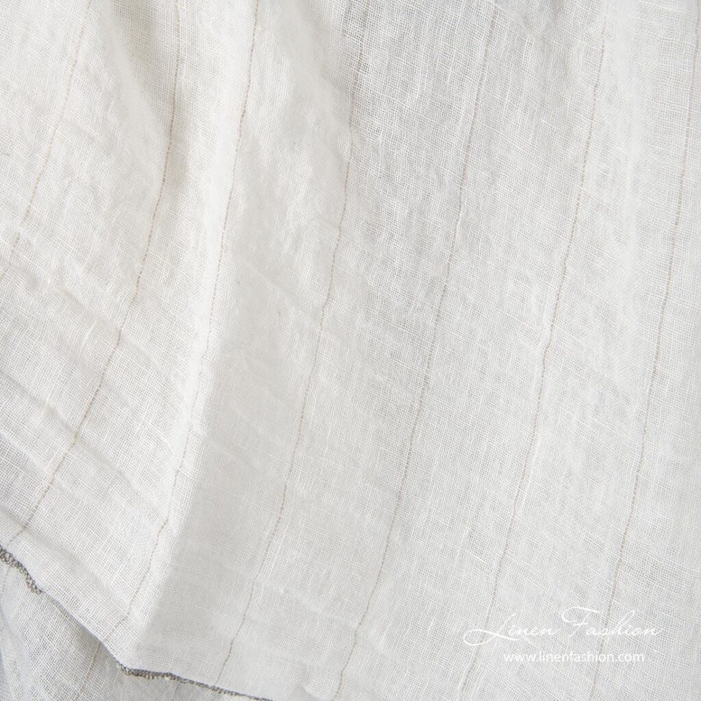 Gauze linen fabric, white with grey stripe, washed