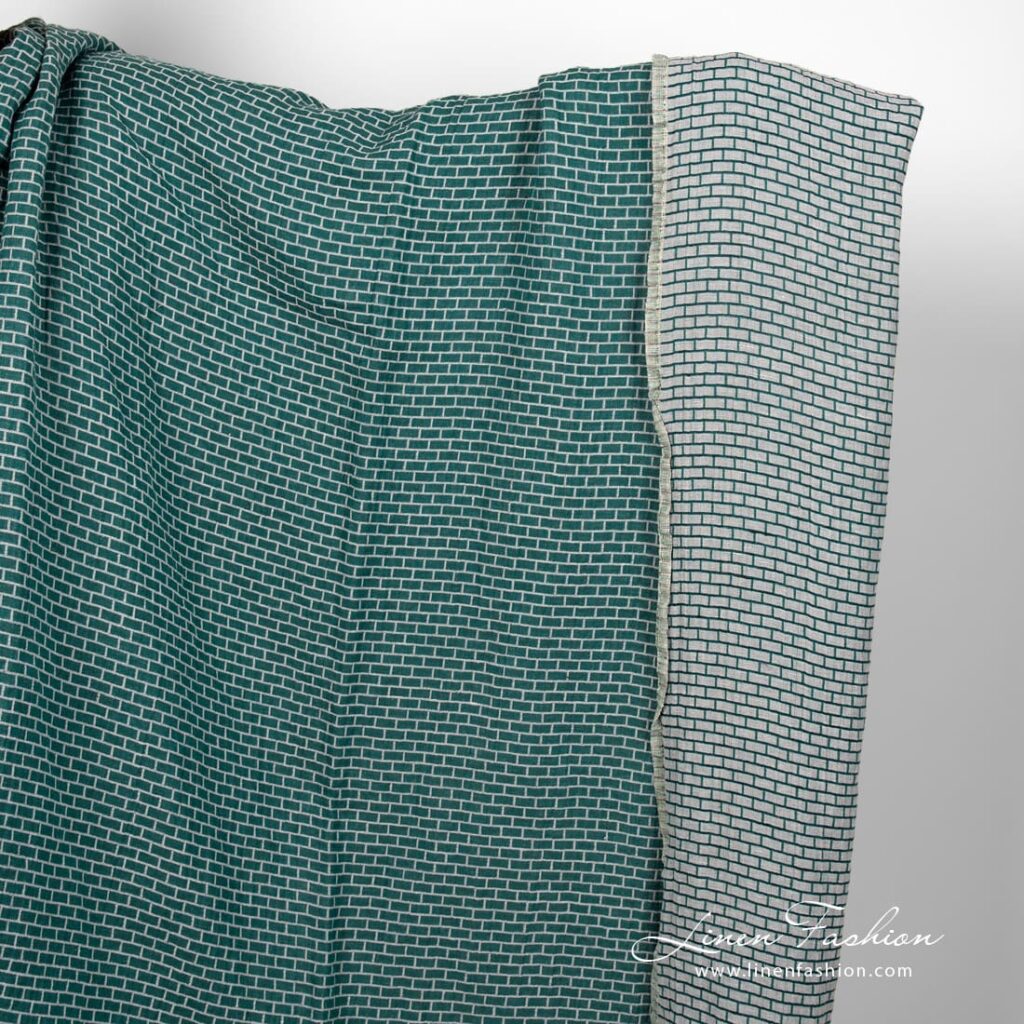 Linen cotton fabric in grey and green brick pattern