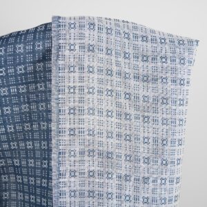 Linen cotton fabric white and dark blue geometric pattern, 150cm