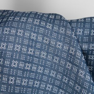Linen cotton fabric white and dark blue geometric pattern, double-sided