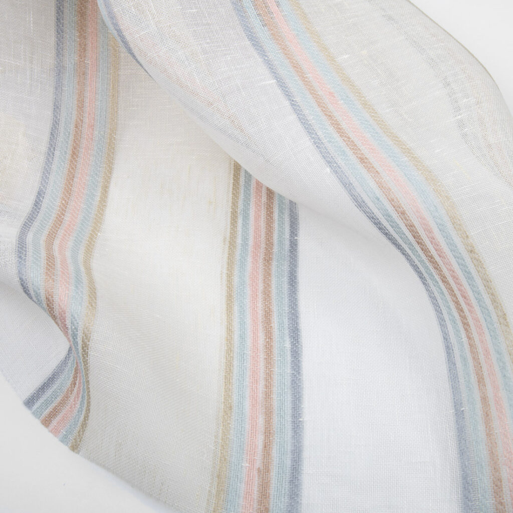 White transparent linen fabric with colourful stripes