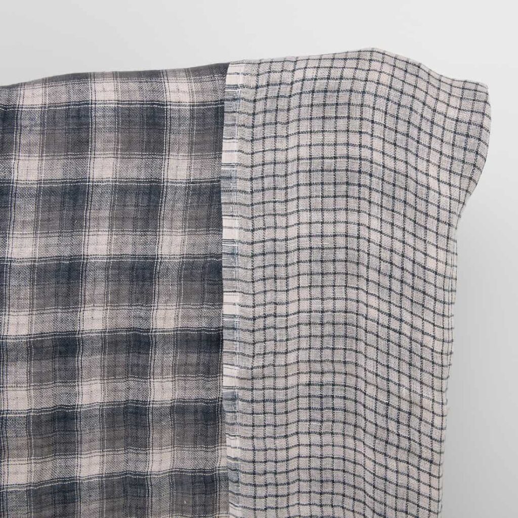 Washed checked grey linen fabric
