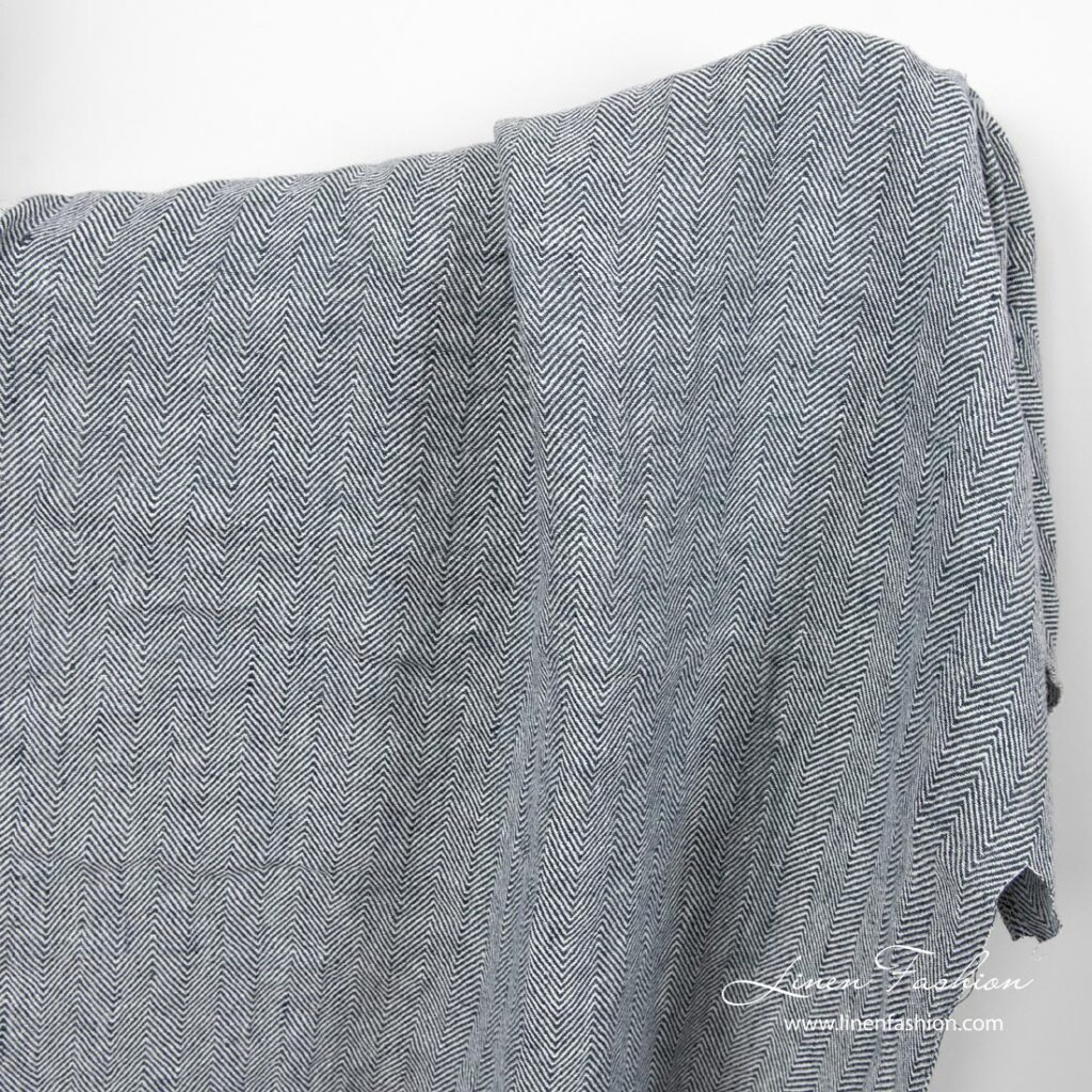 Herringbone linen fabric in dark blue & white